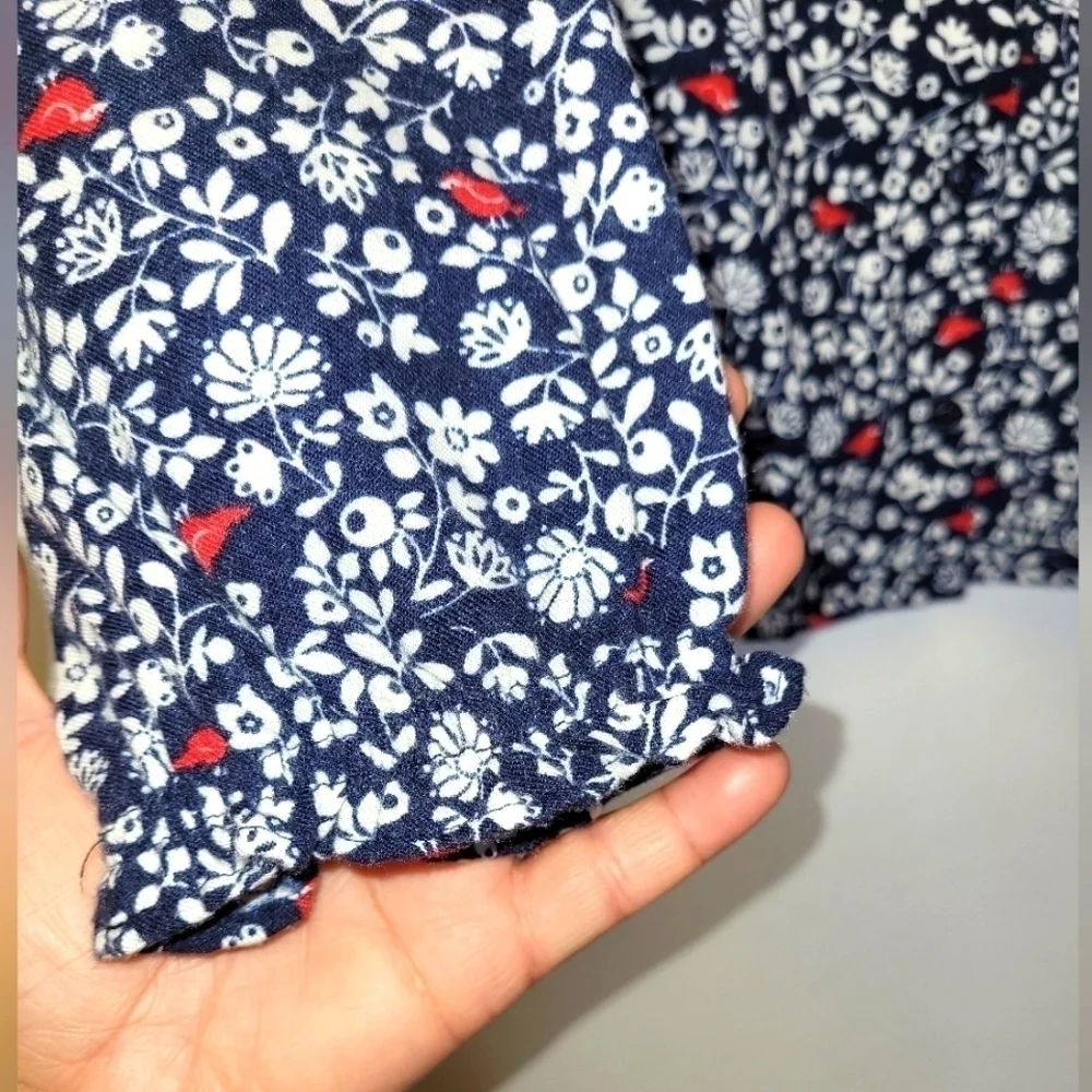 Janie and Jack Red Birds Floral Flannel Navy Blue Winter Pajama Shirt Size 10